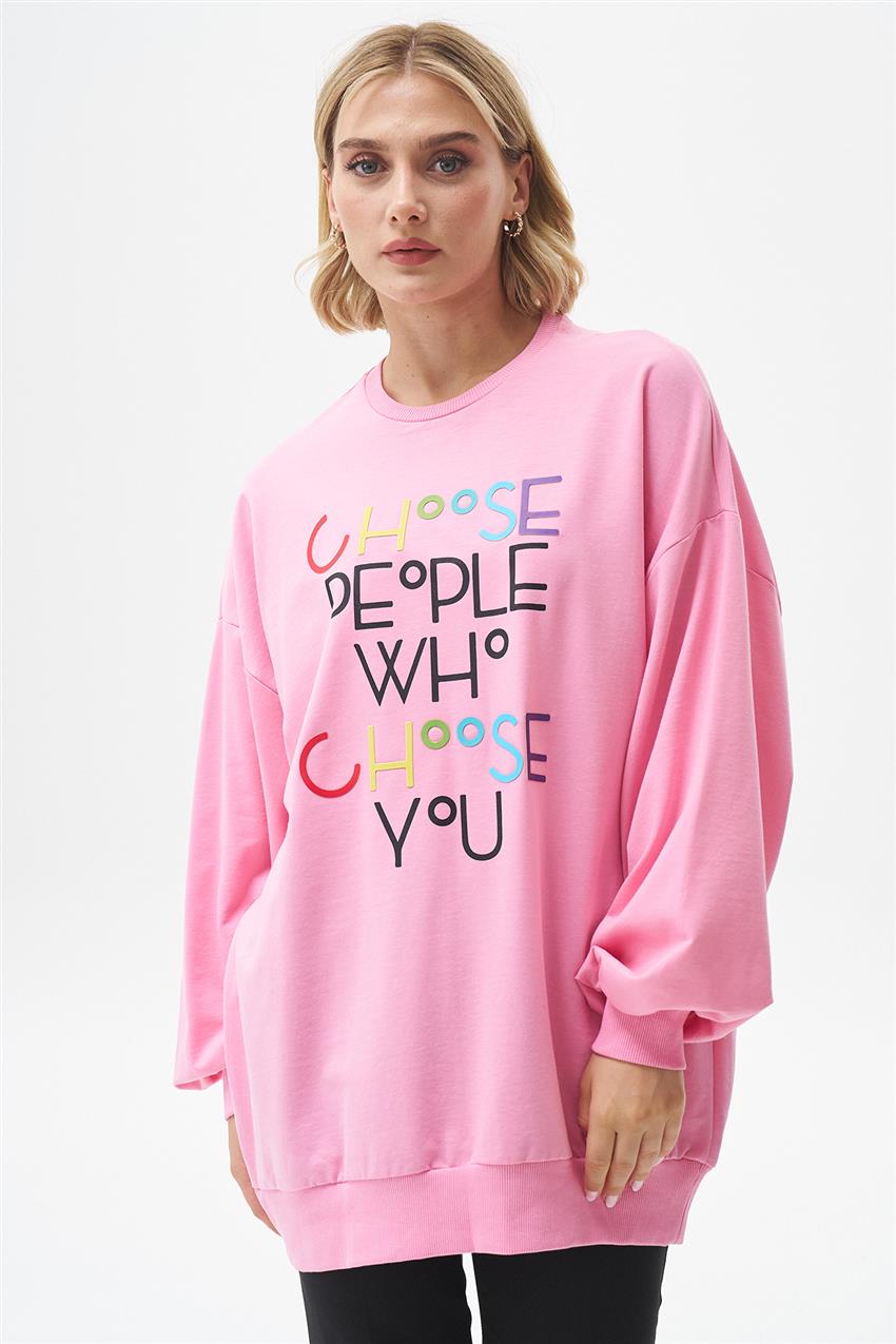 Renkli Yazı Baskılı Pembe Sweatshirt 