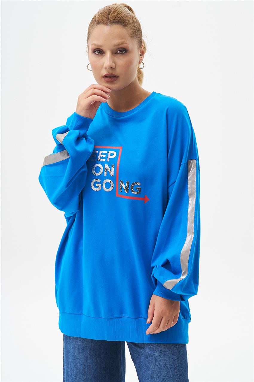 Yazı Baskılı Saks Oversize Sweatshirt