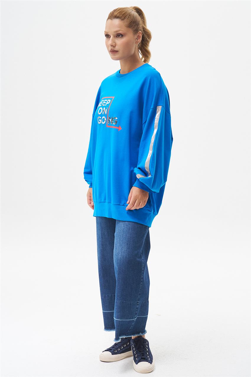 Yazı Baskılı Saks Oversize Sweatshirt