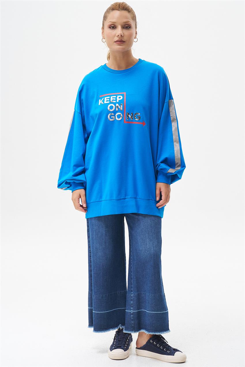 Yazı Baskılı Saks Oversize Sweatshirt