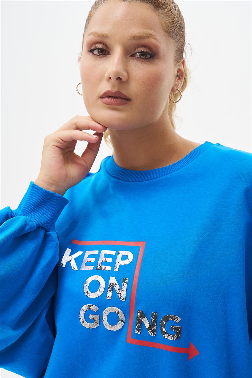 Yazı Baskılı Saks Oversize Sweatshirt