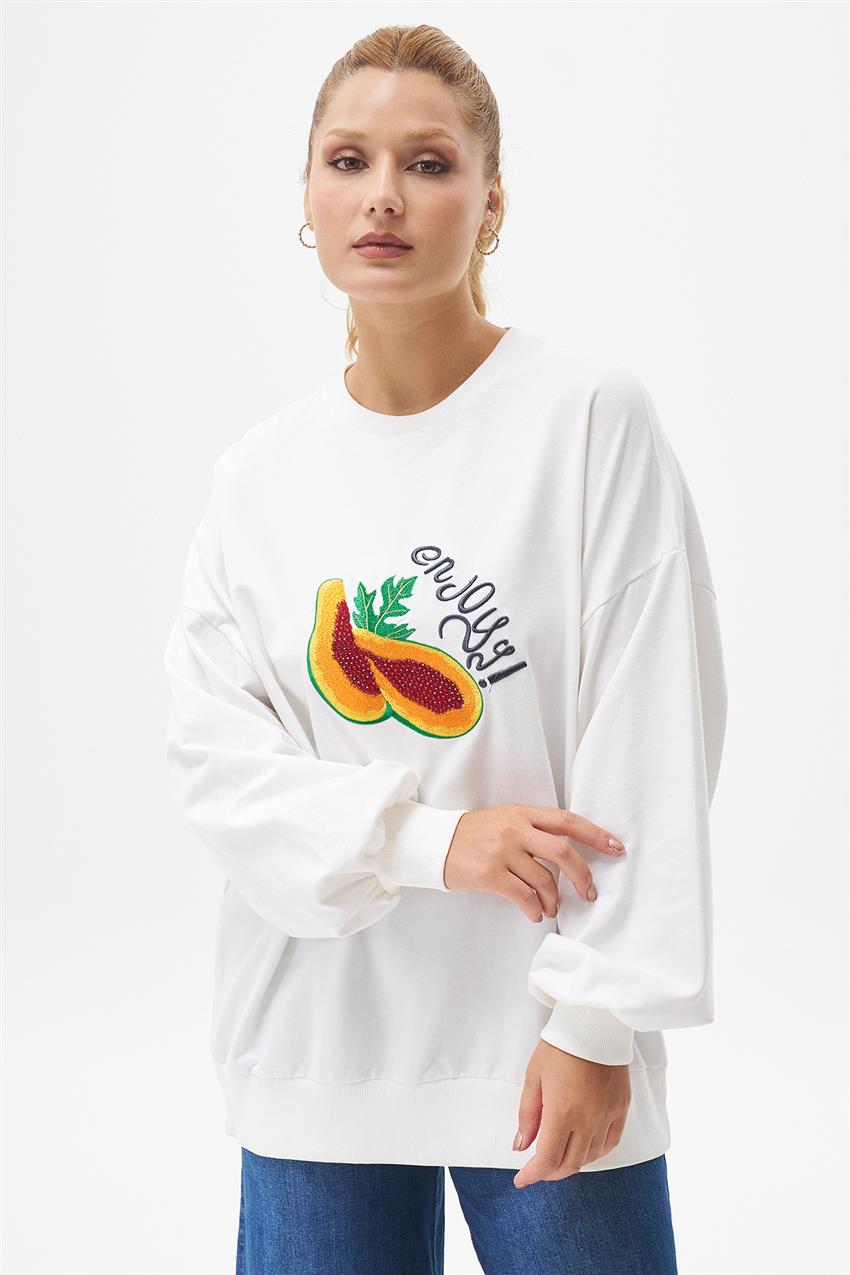 Önü Nakışlı Ekru Sweatshirt