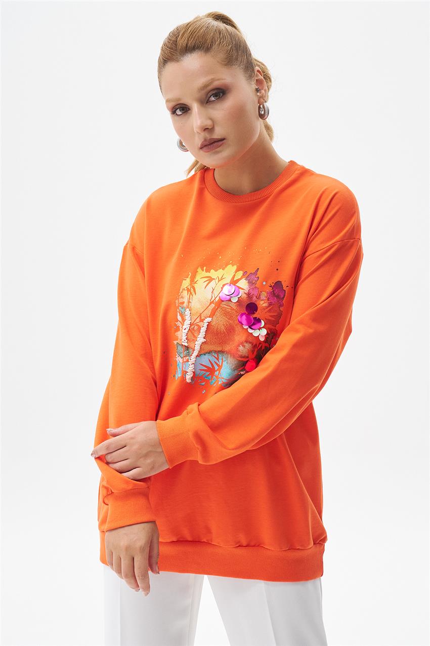 Pul İşlemeli Baskılı Oranj Sweatshirt