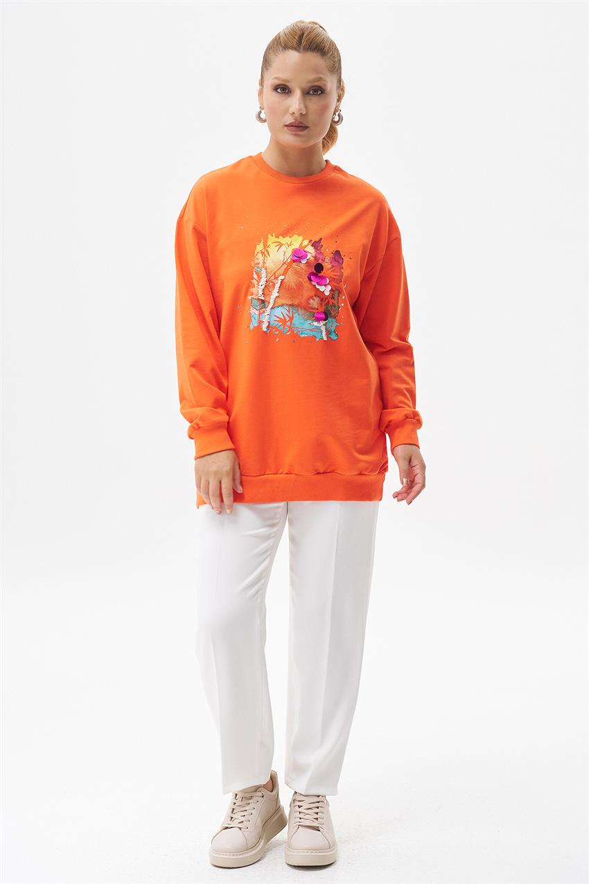 Pul İşlemeli Baskılı Oranj Sweatshirt