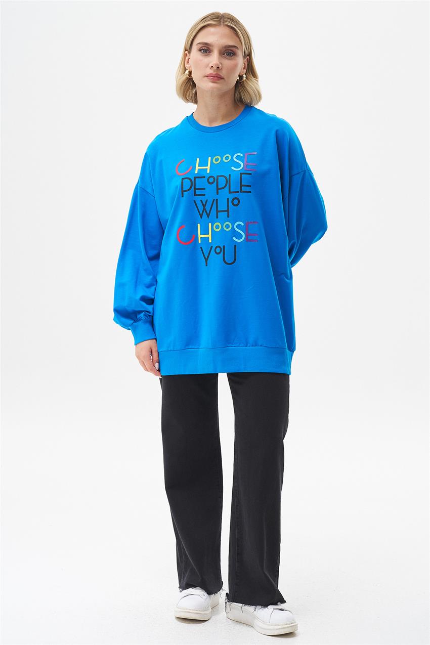 Renkli Yazı Baskılı Saks Sweatshirt 