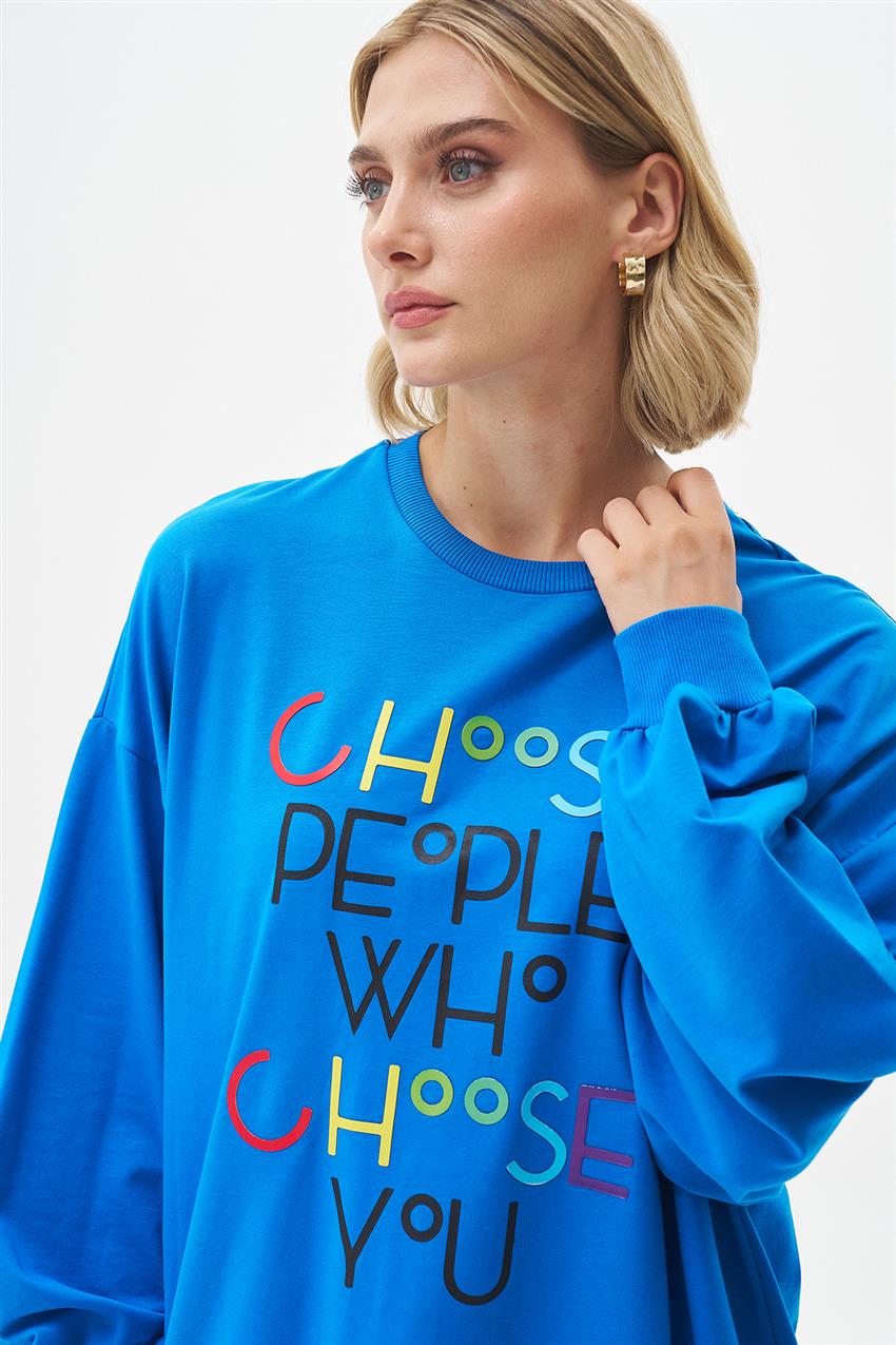 Renkli Yazı Baskılı Saks Sweatshirt 