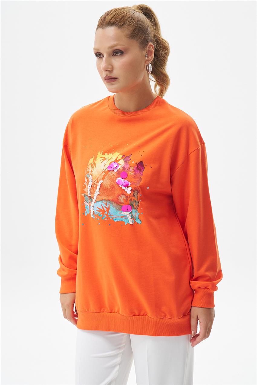 Pul İşlemeli Baskılı Oranj Sweatshirt