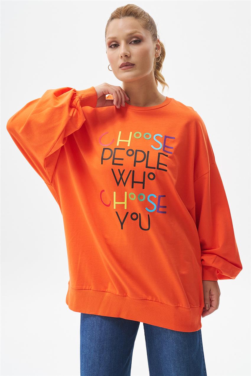 Renkli Yazı Baskılı Saks Sweatshirt 