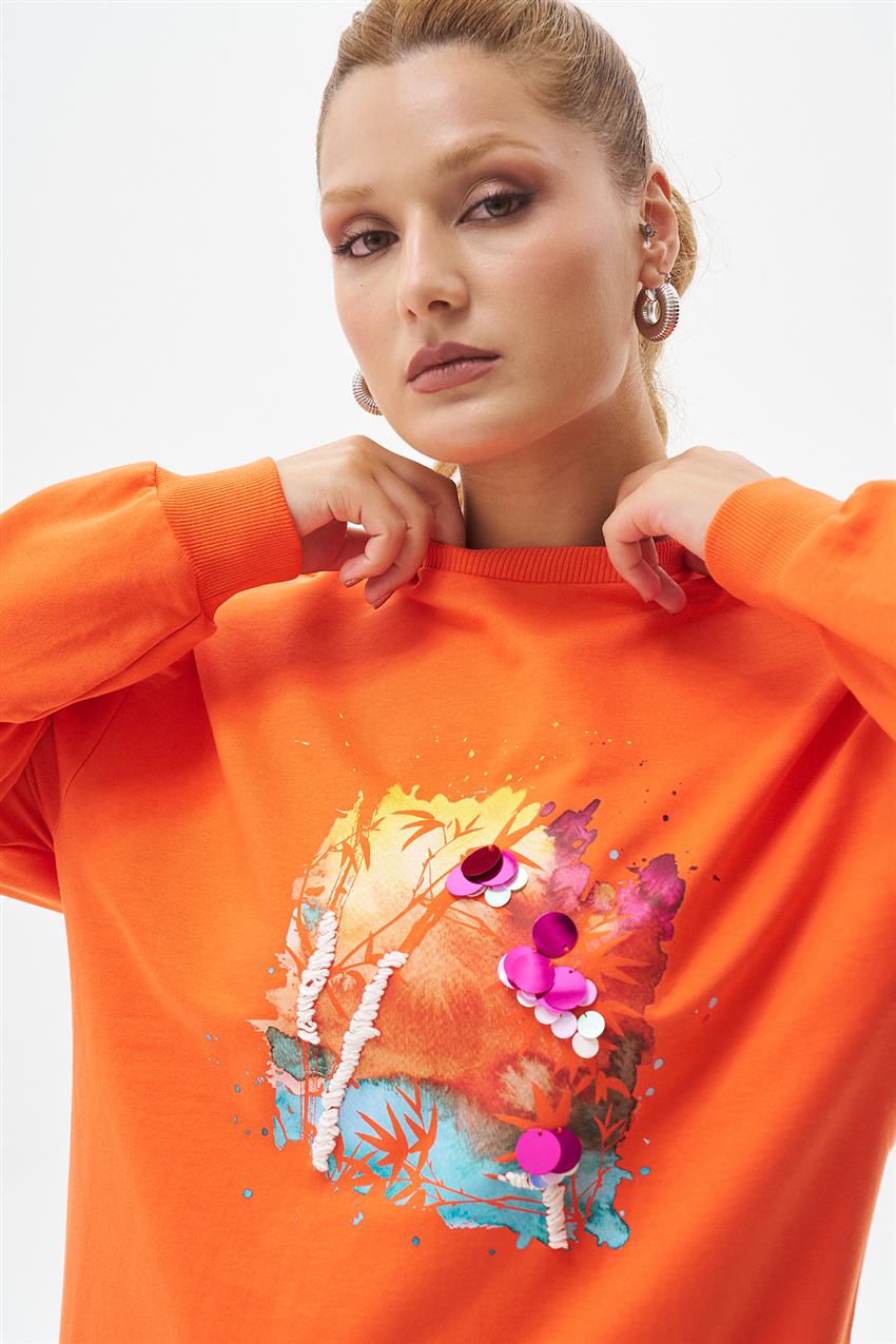 Pul İşlemeli Baskılı Oranj Sweatshirt