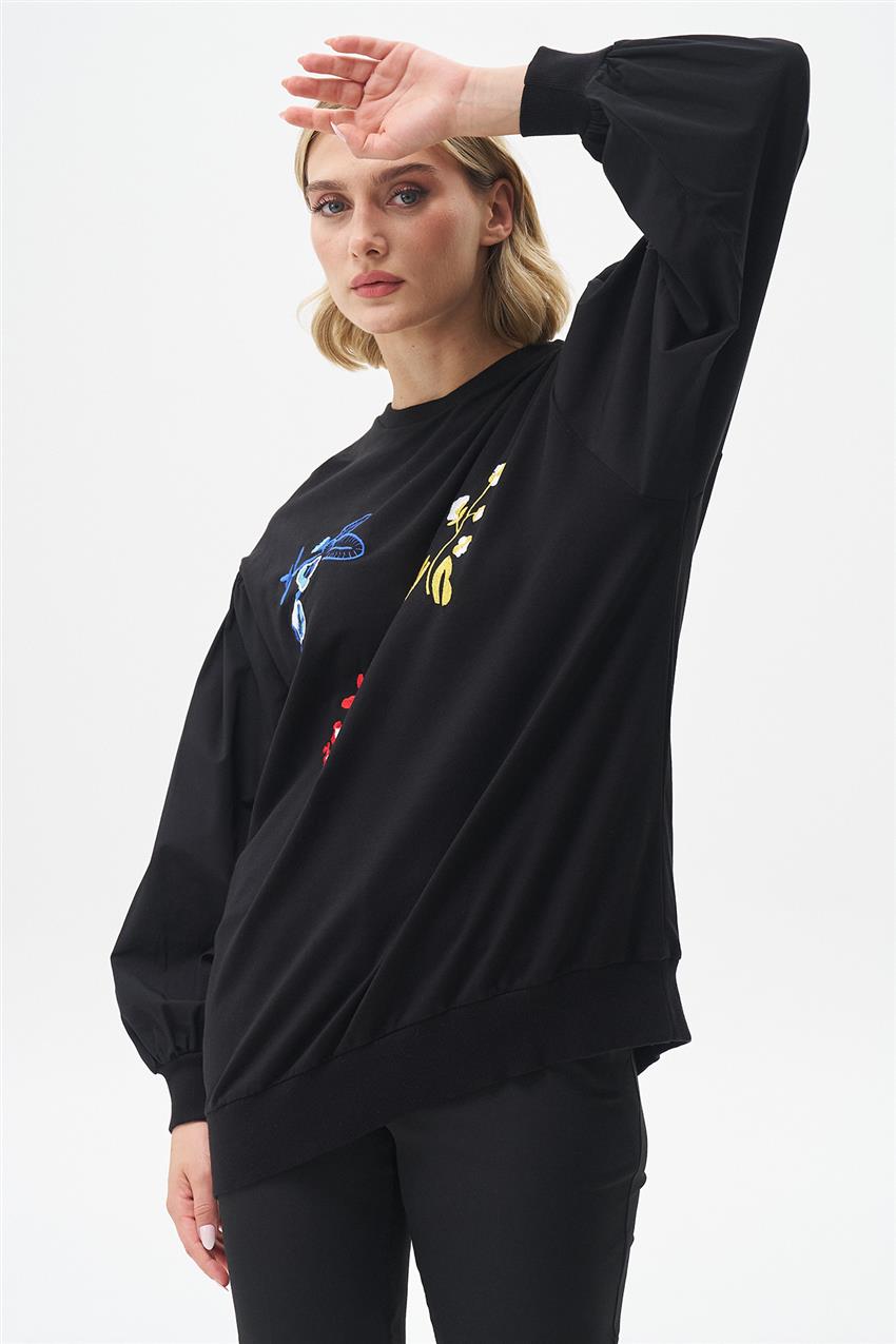 Çiçek Nakış İşlemeli Siyah Sweatshirt