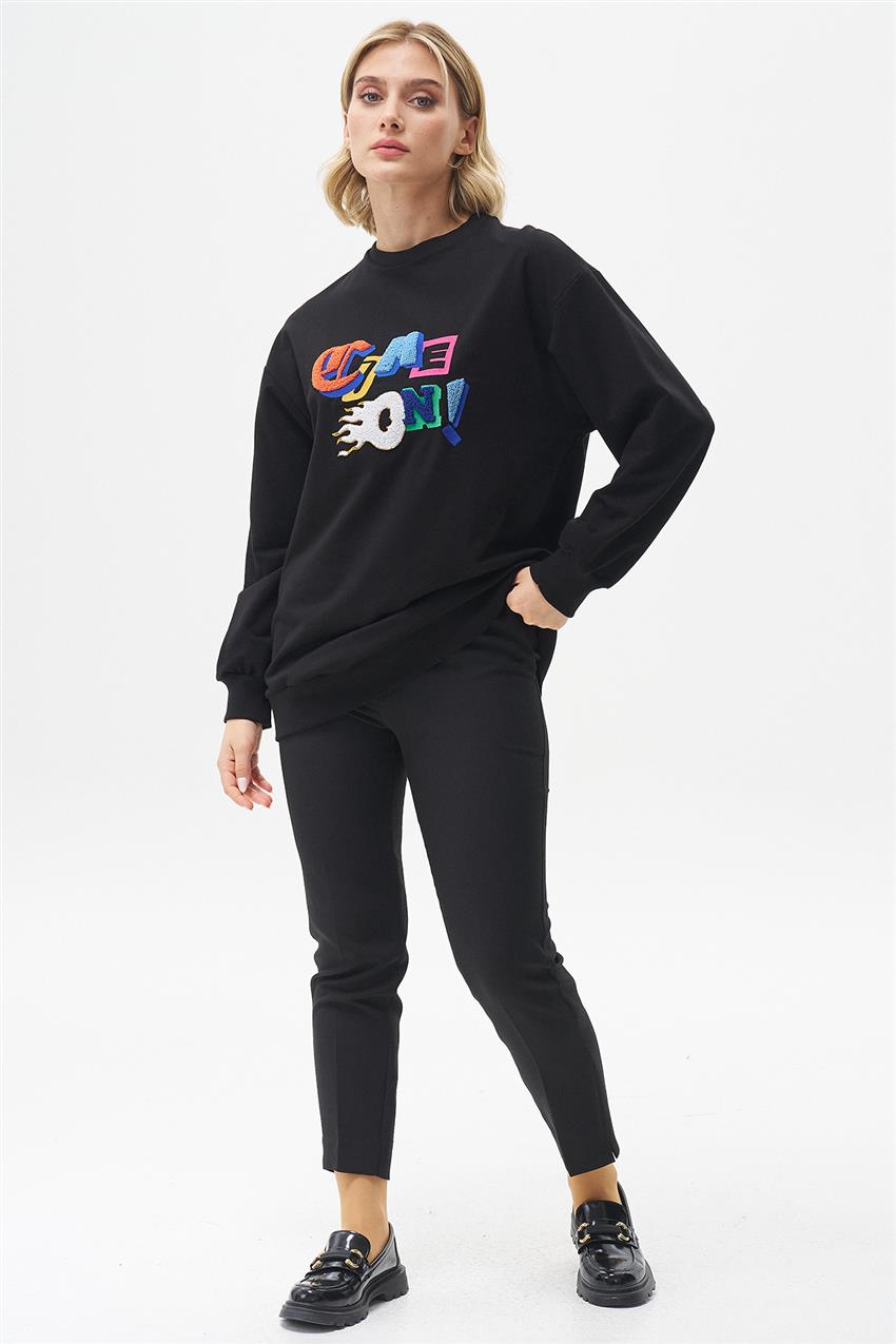 Tazı Baskılı Siyah Sweatshirt