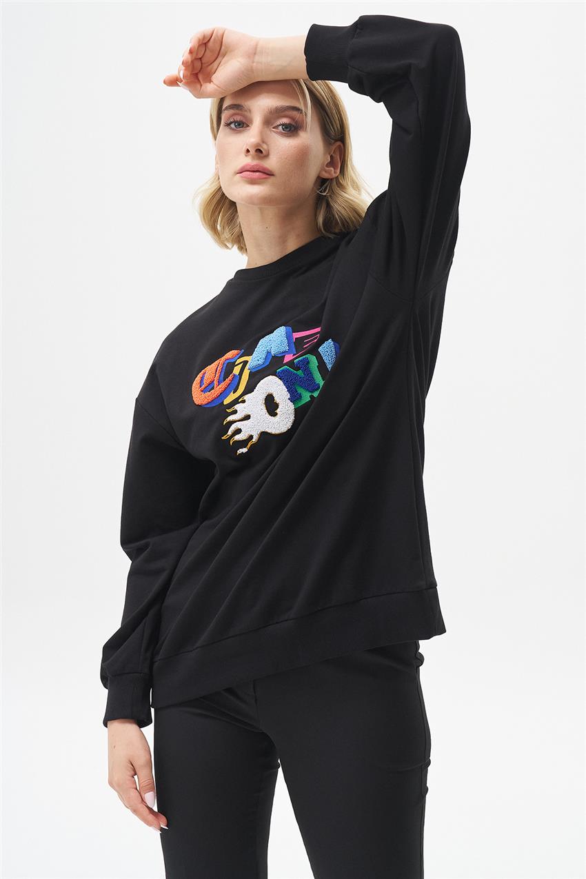 Tazı Baskılı Siyah Sweatshirt