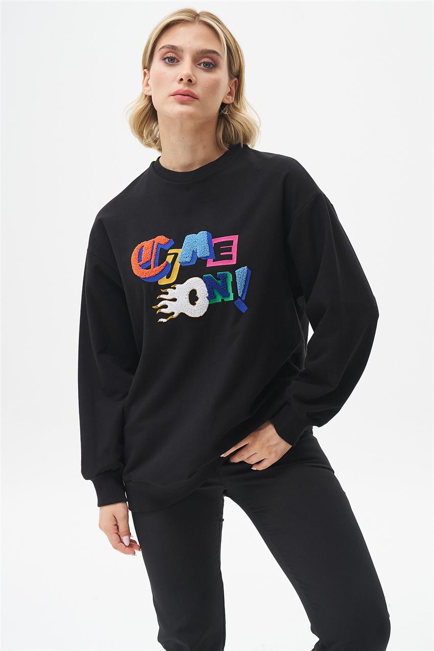 Tazı Baskılı Siyah Sweatshirt