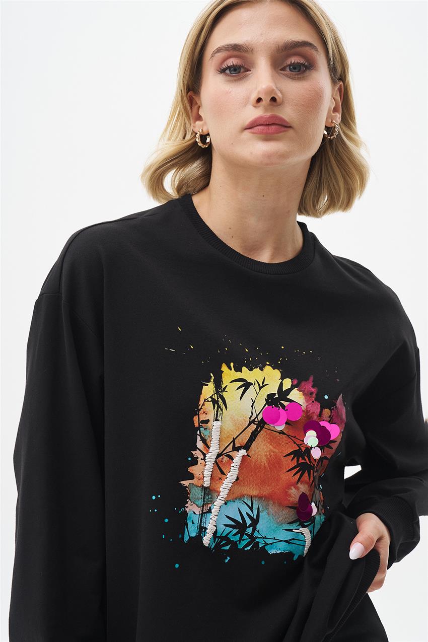 Pul İşlemeli Baskılı Siyah Sweatshirt