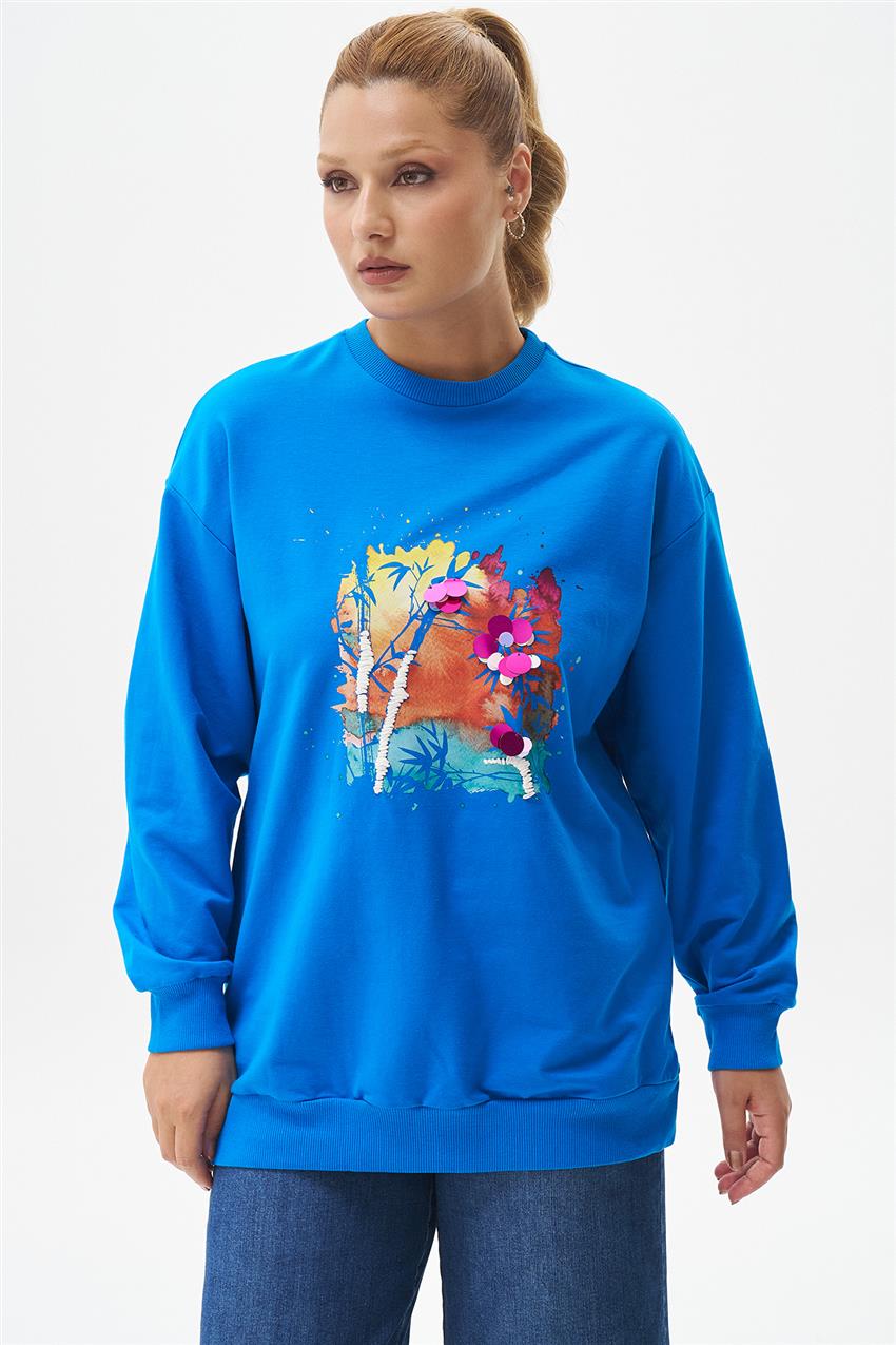 Pul İşlemeli Baskılı Saks Sweatshirt