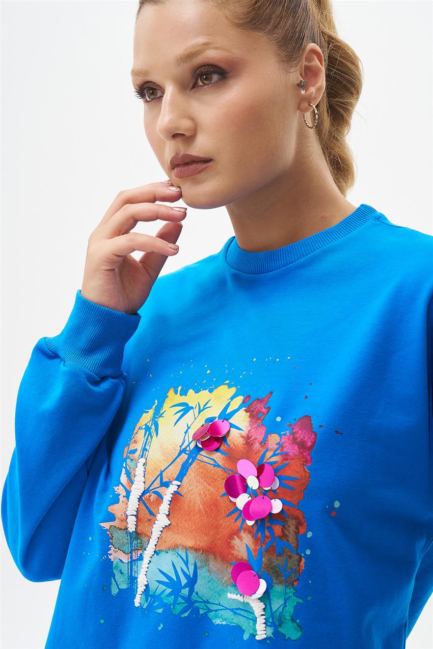 Pul İşlemeli Baskılı Saks Sweatshirt