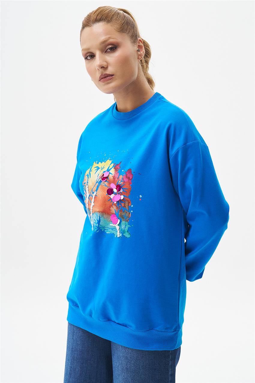 Pul İşlemeli Baskılı Saks Sweatshirt