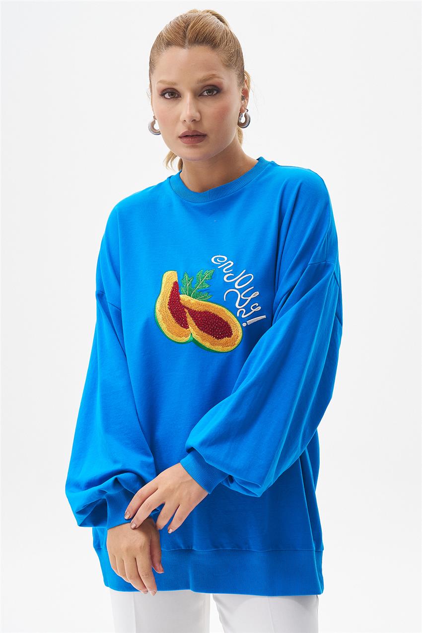 Önü Nakışlı Saks Sweatshirt