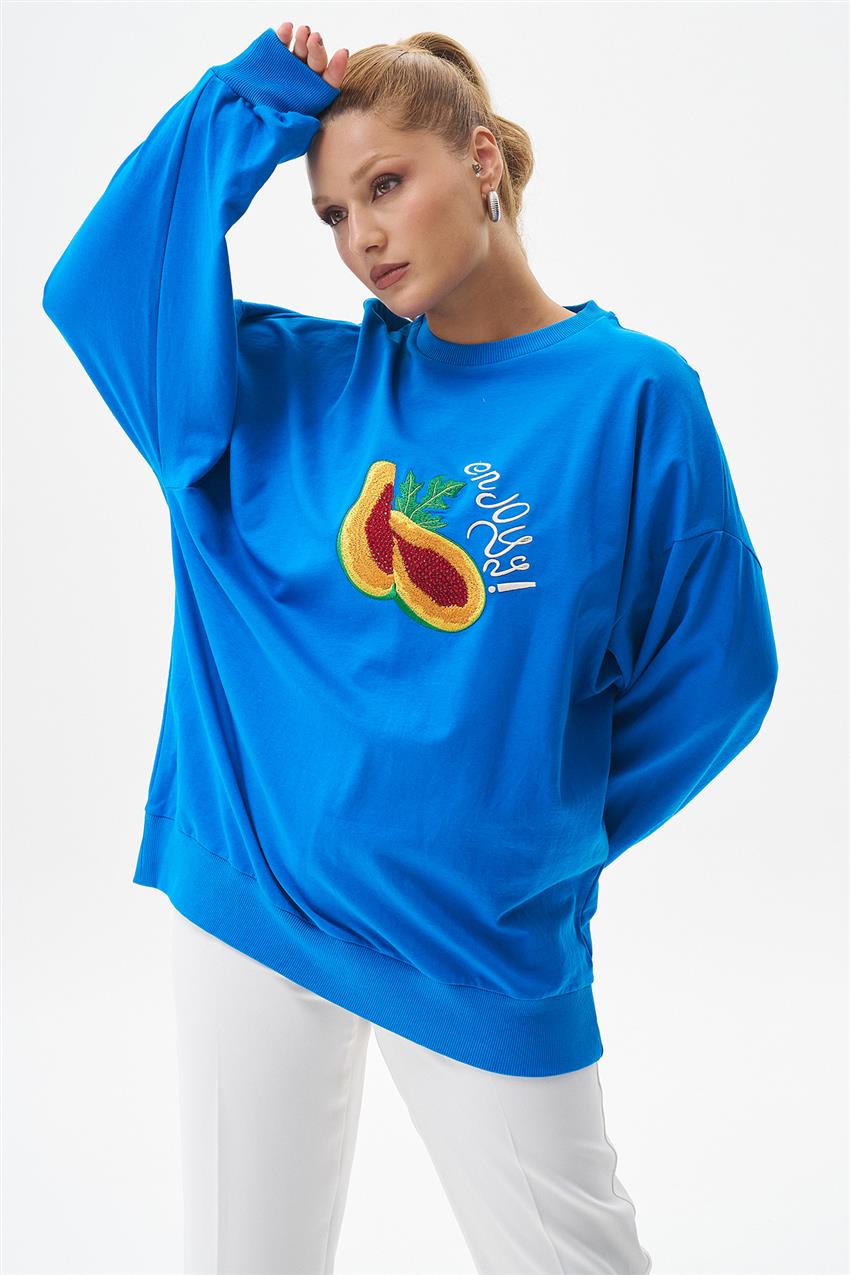 Önü Nakışlı Saks Sweatshirt