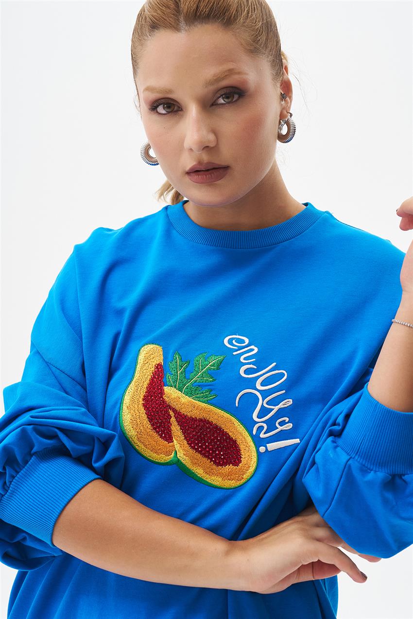 Önü Nakışlı Saks Sweatshirt