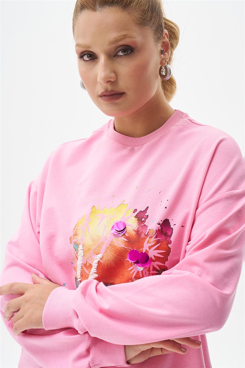 Pul İşlemeli Baskılı Şeker Pembe Sweatshirt