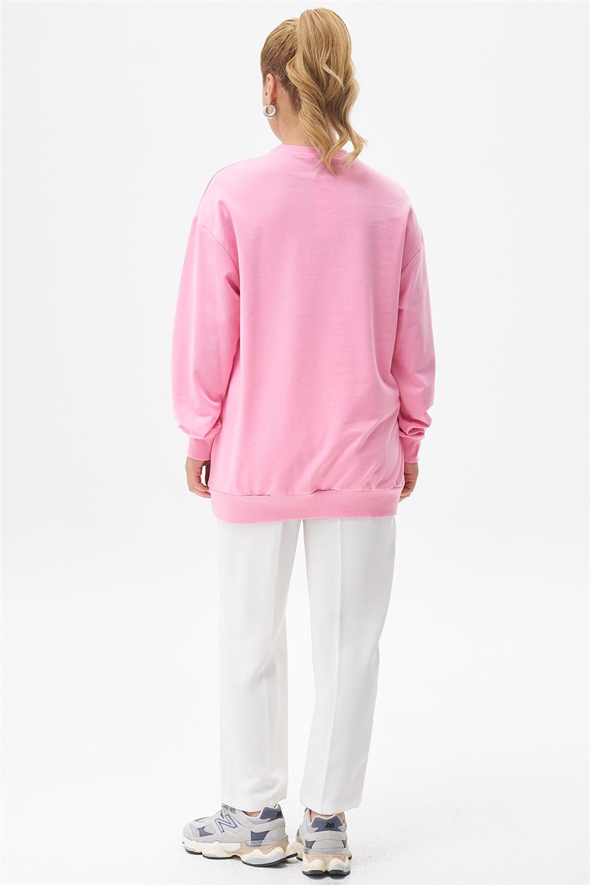 Pul İşlemeli Baskılı Şeker Pembe Sweatshirt