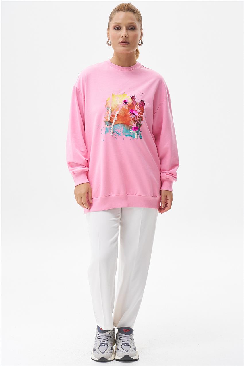 Pul İşlemeli Baskılı Şeker Pembe Sweatshirt