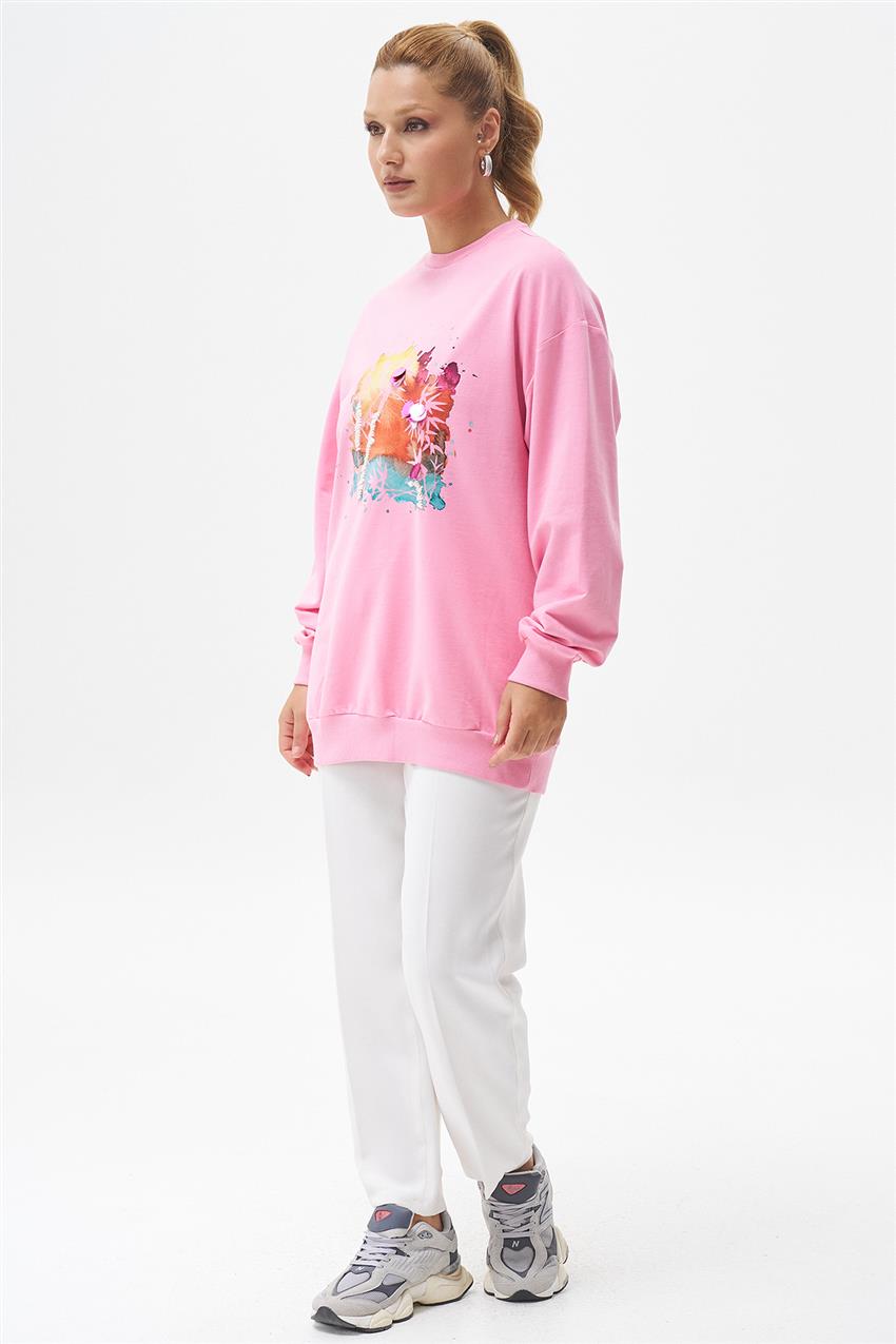 Pul İşlemeli Baskılı Şeker Pembe Sweatshirt