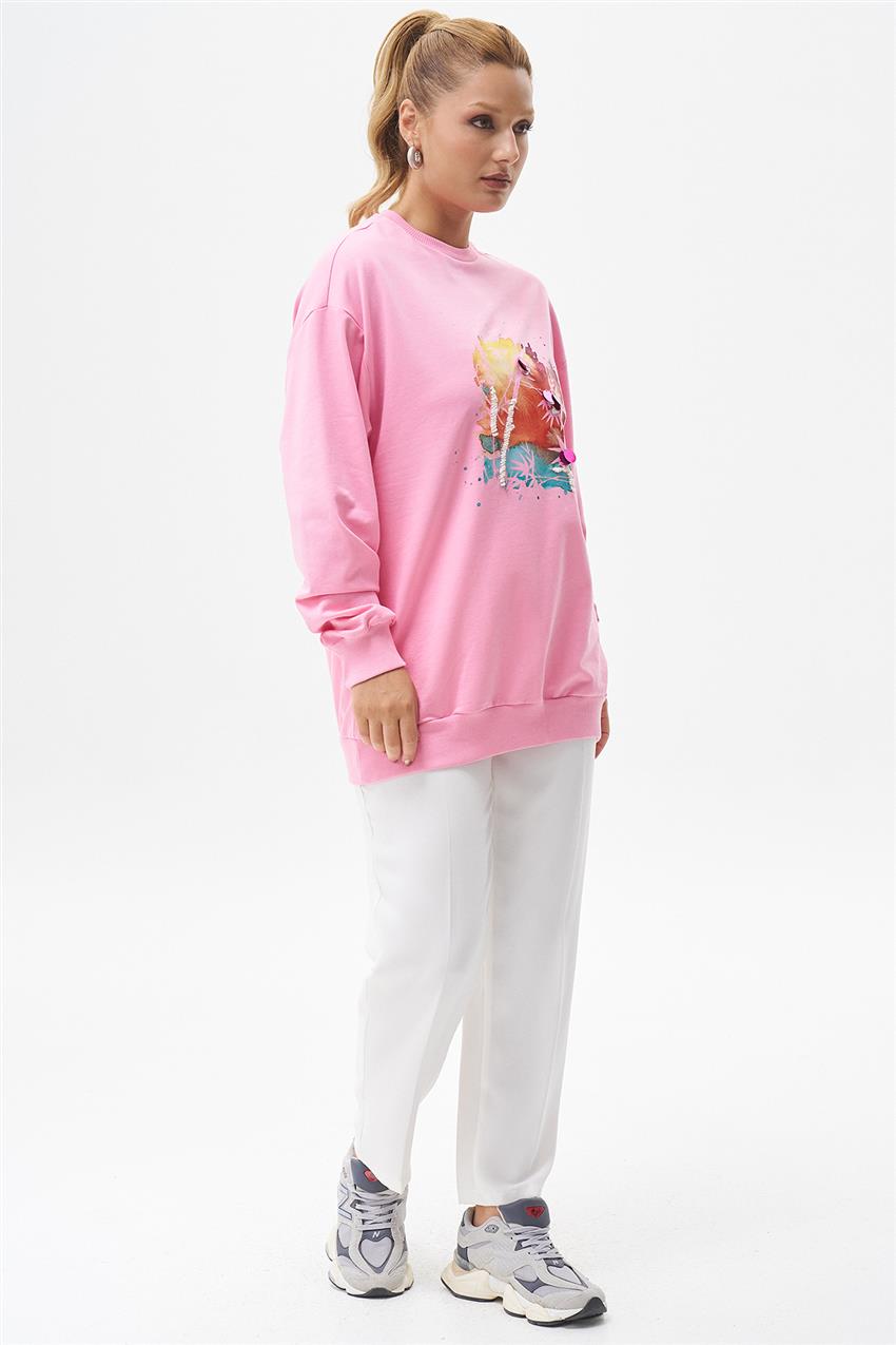 Pul İşlemeli Baskılı Şeker Pembe Sweatshirt