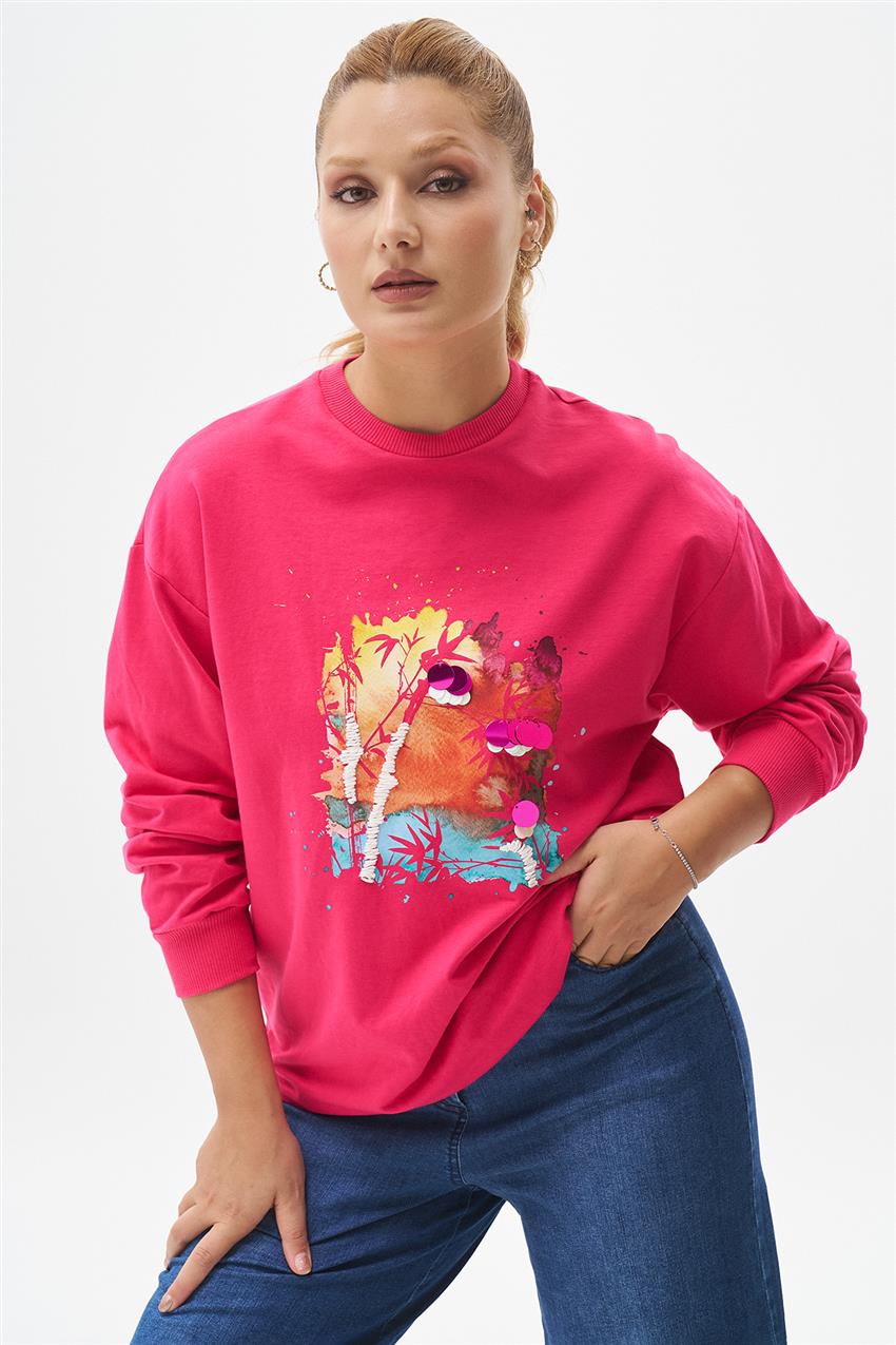 Pul İşlemeli Baskılı Fuşya Sweatshirt