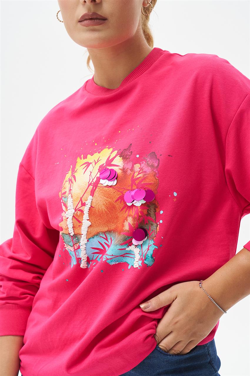 Pul İşlemeli Baskılı Fuşya Sweatshirt