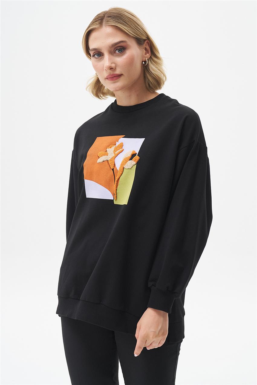 Renkli Baskılı Siyah Sweatshirt 