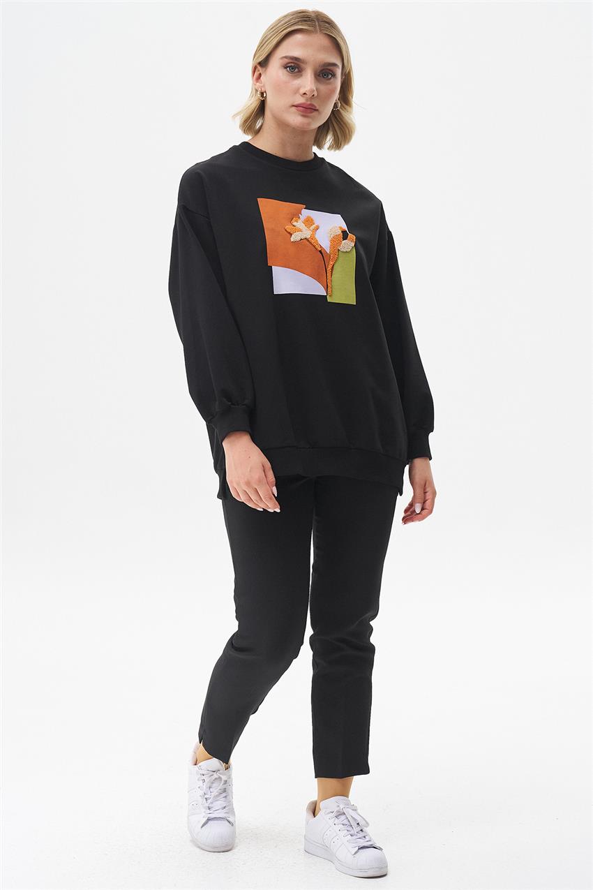 Renkli Baskılı Siyah Sweatshirt 