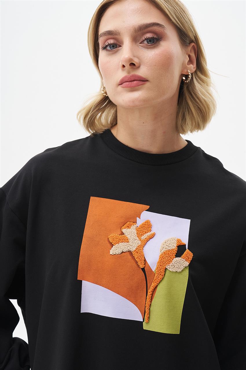 Renkli Baskılı Siyah Sweatshirt 