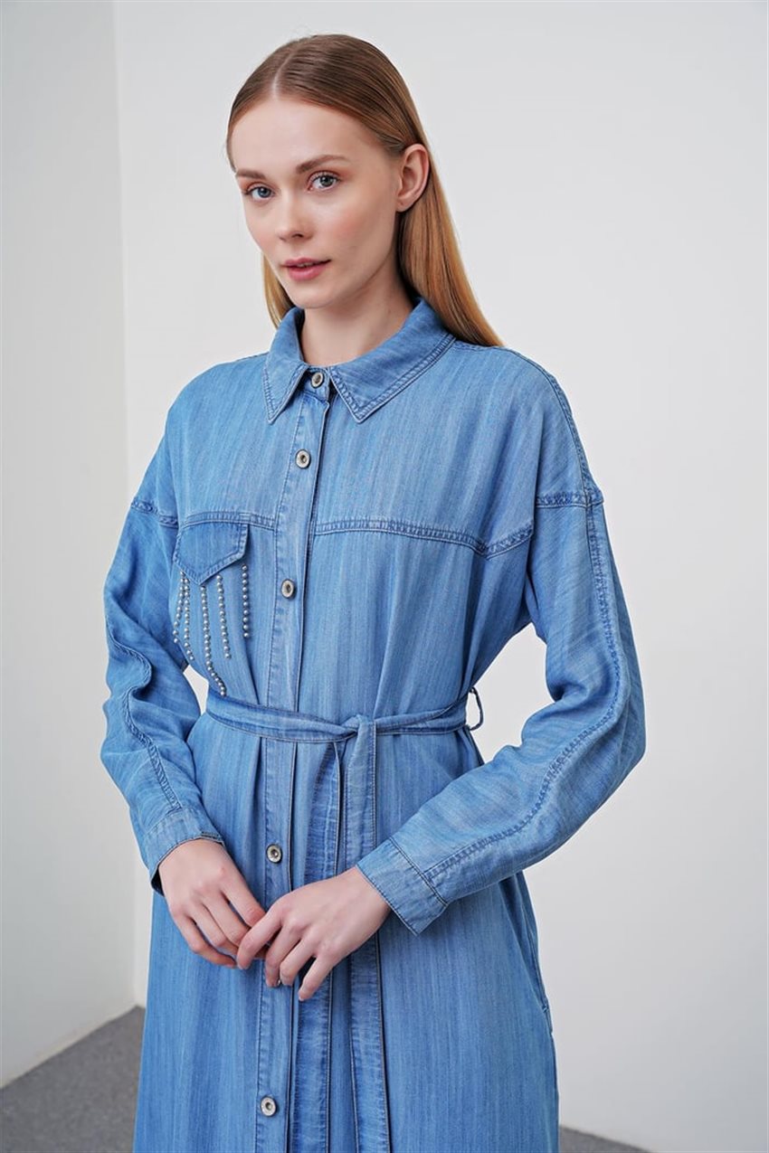 Denim Gömlek Yaka Beli Kuşaklı Mavi Giy Çık