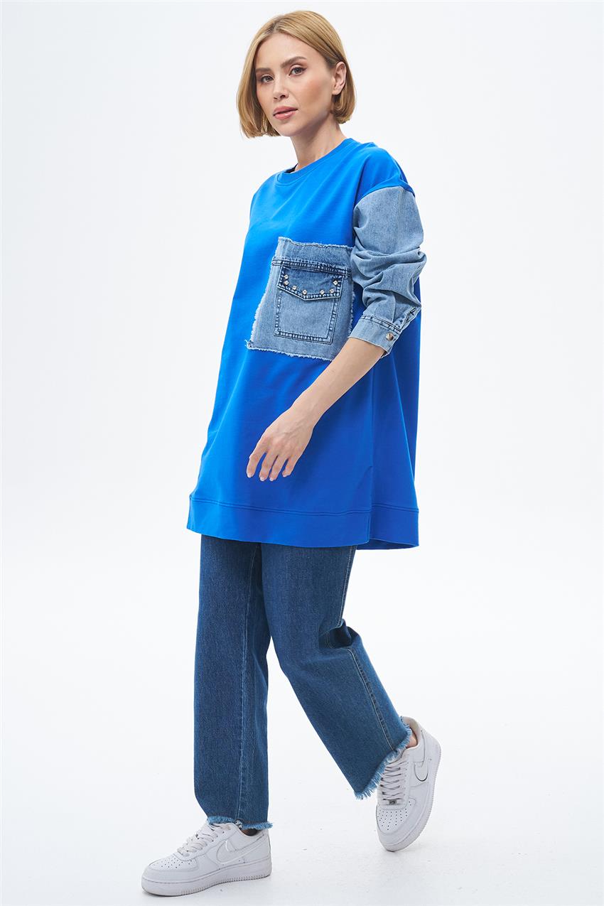 Denim Garnili Cepli İndigo Tunik