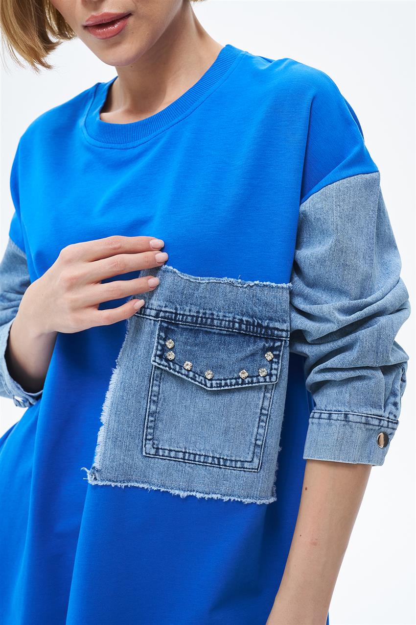 Denim Garnili Cepli İndigo Tunik