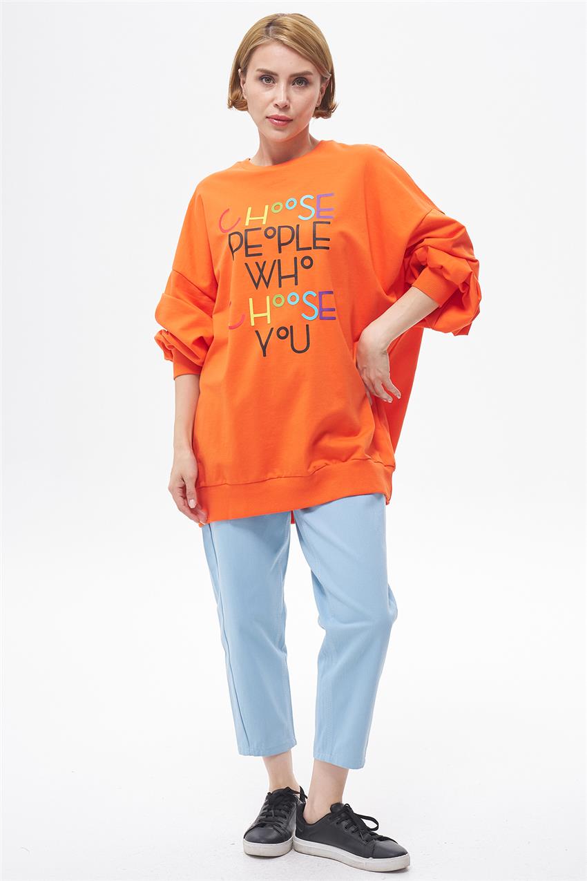 Renkli Yazı Baskılı Oranj Sweatshirt 