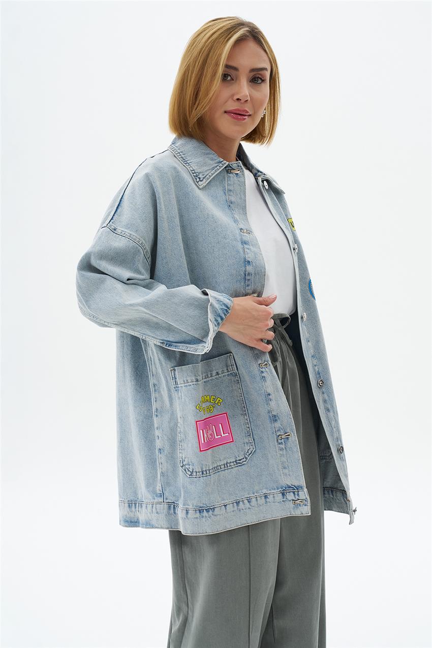 Baskılı Oversize Denim Ceket-Mavi 0032857-028