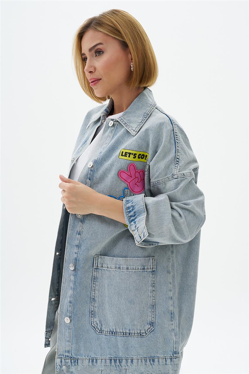 Baskılı Oversize Denim Ceket-Mavi 0032857-028