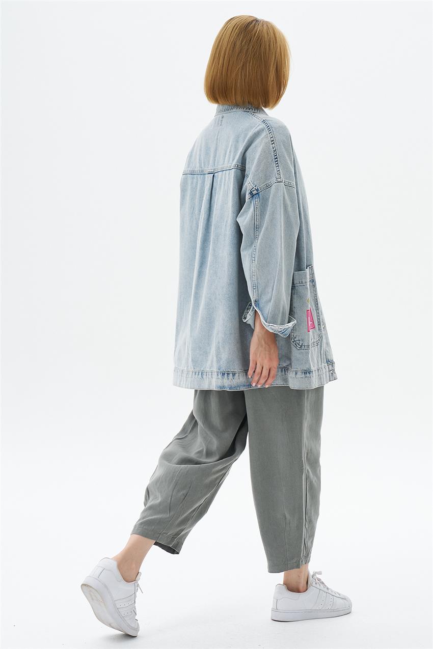 Baskılı Oversize Denim Ceket-Mavi 0032857-028