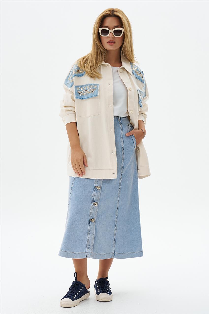 Denim Nakış Detaylı Shacket-Bej 0032821-018