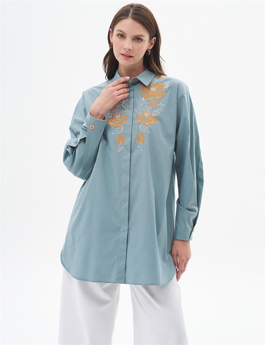 Nakış İşlemeli Poplin Mint Tunik 