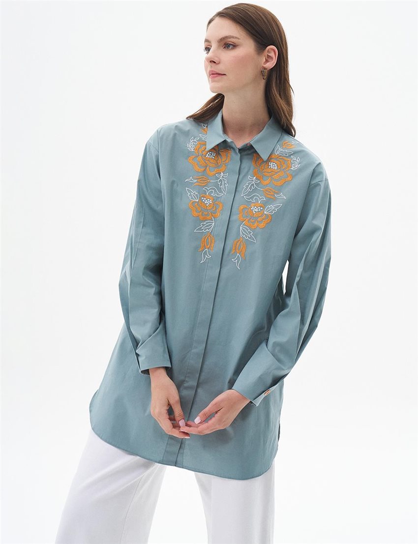 Nakış İşlemeli Poplin Mint Tunik 