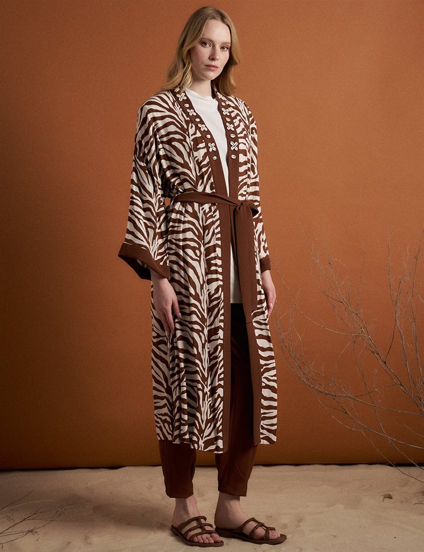 Animal Print Desenli Kuşaklı Kahve Kimono