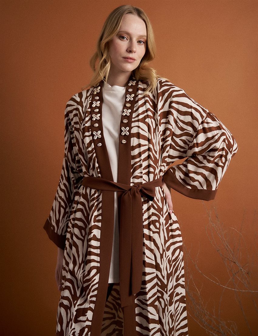 Animal Print Desenli Kuşaklı Kahve Kimono