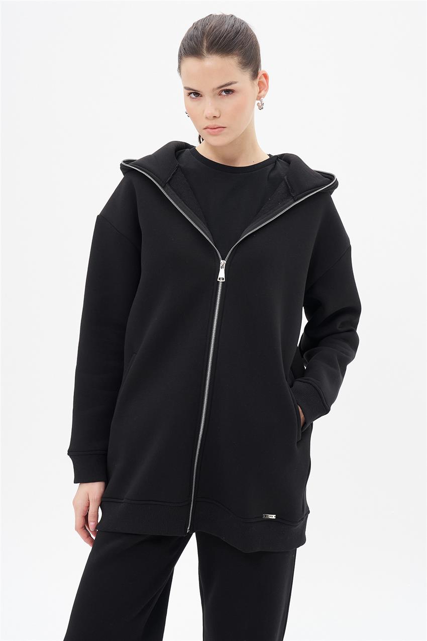 Üç İplik Oversize Siyah Hoodie