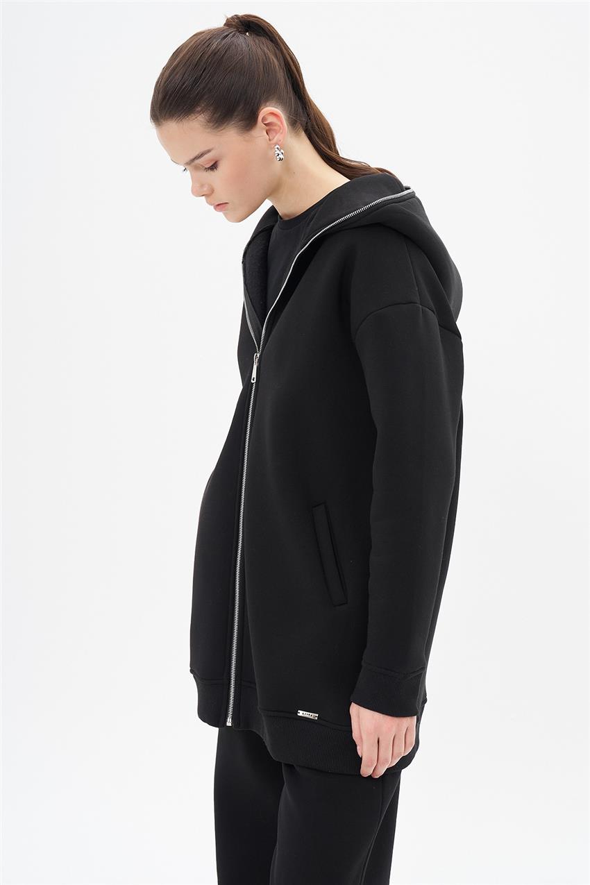 Üç İplik Oversize Siyah Hoodie