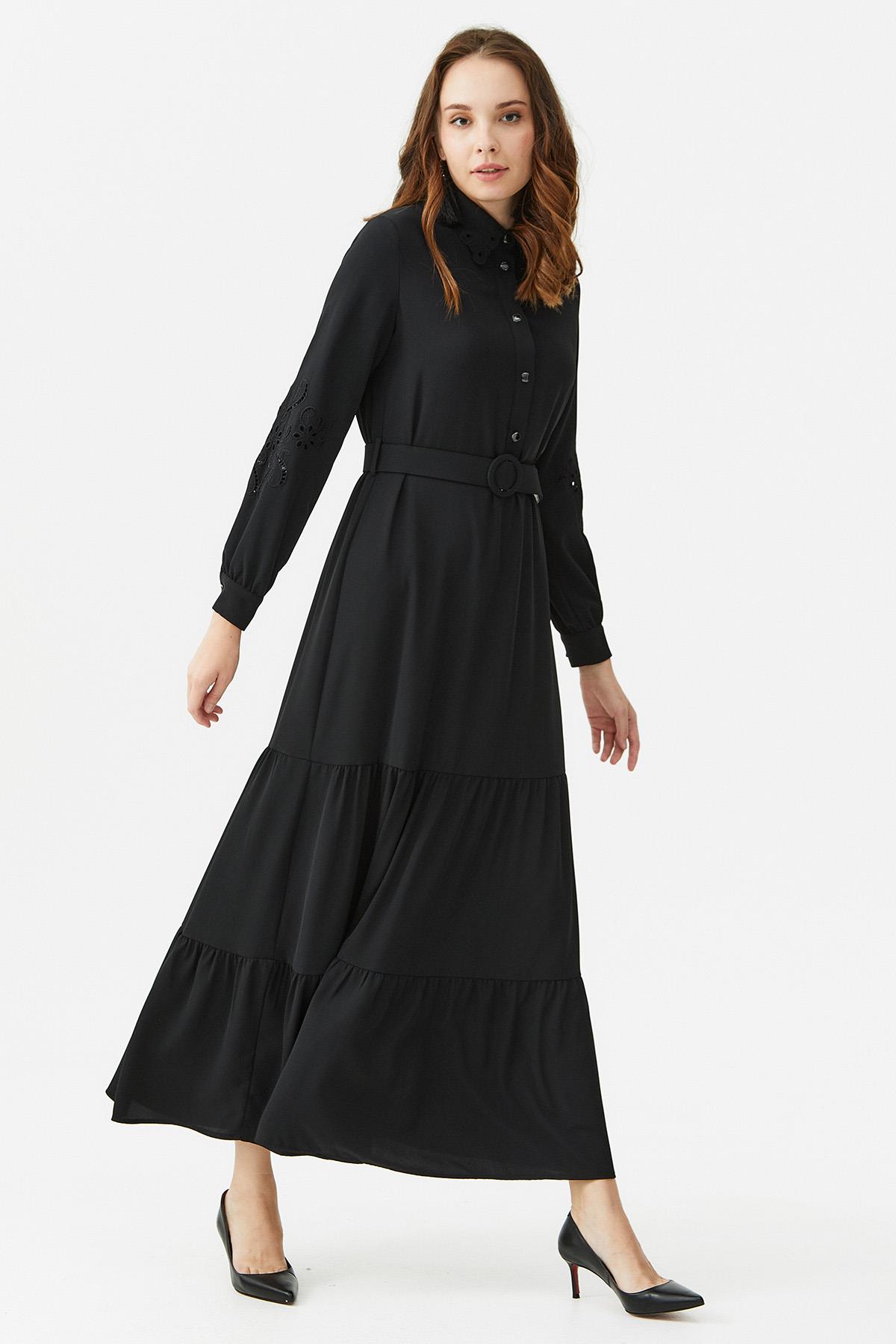 Doque Yaka Ve Kol Nakış Detaylı Siyah Elbise | E-Tesettür